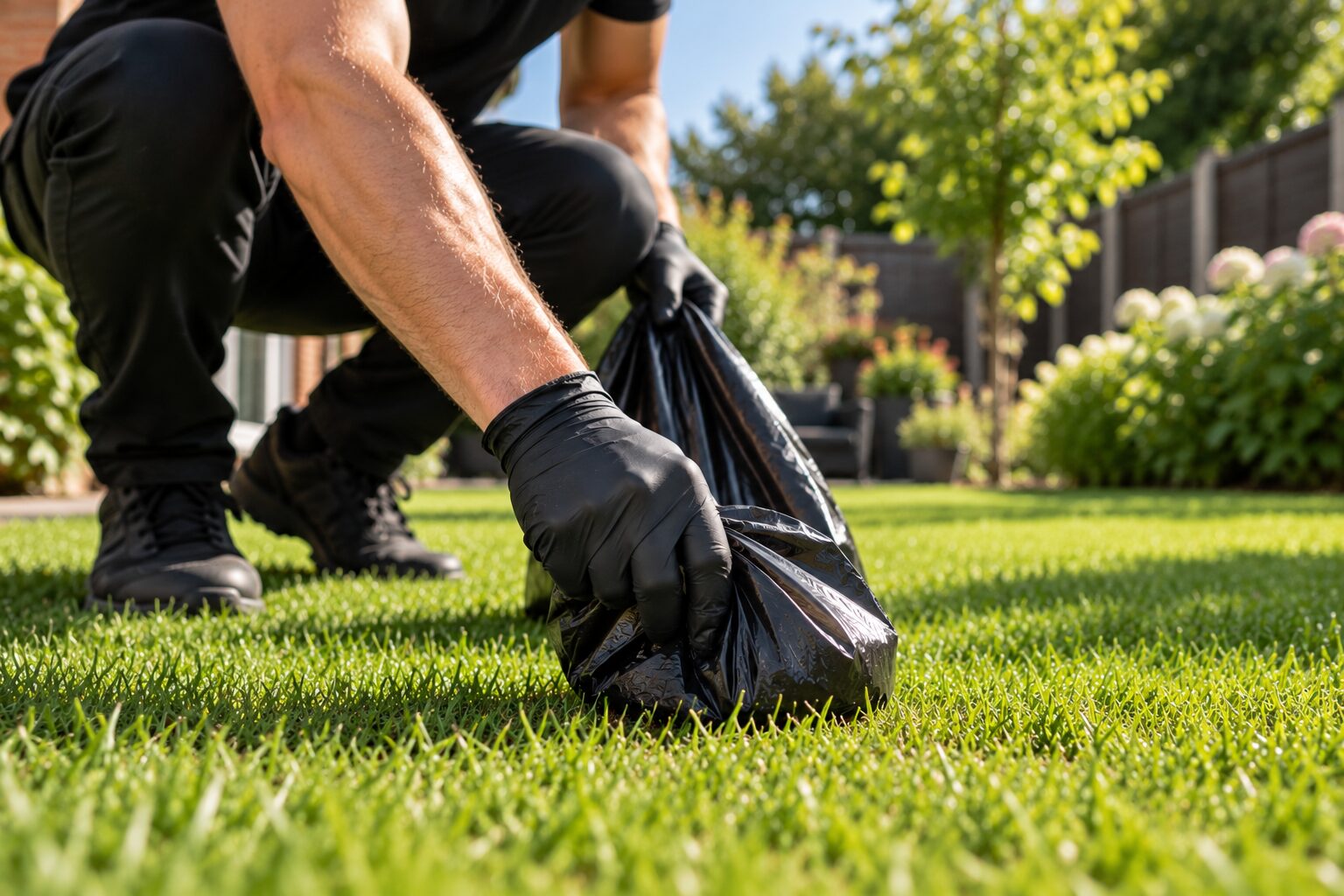 Scoop Dogg cleaner collecting dog waste from a sunny lawn