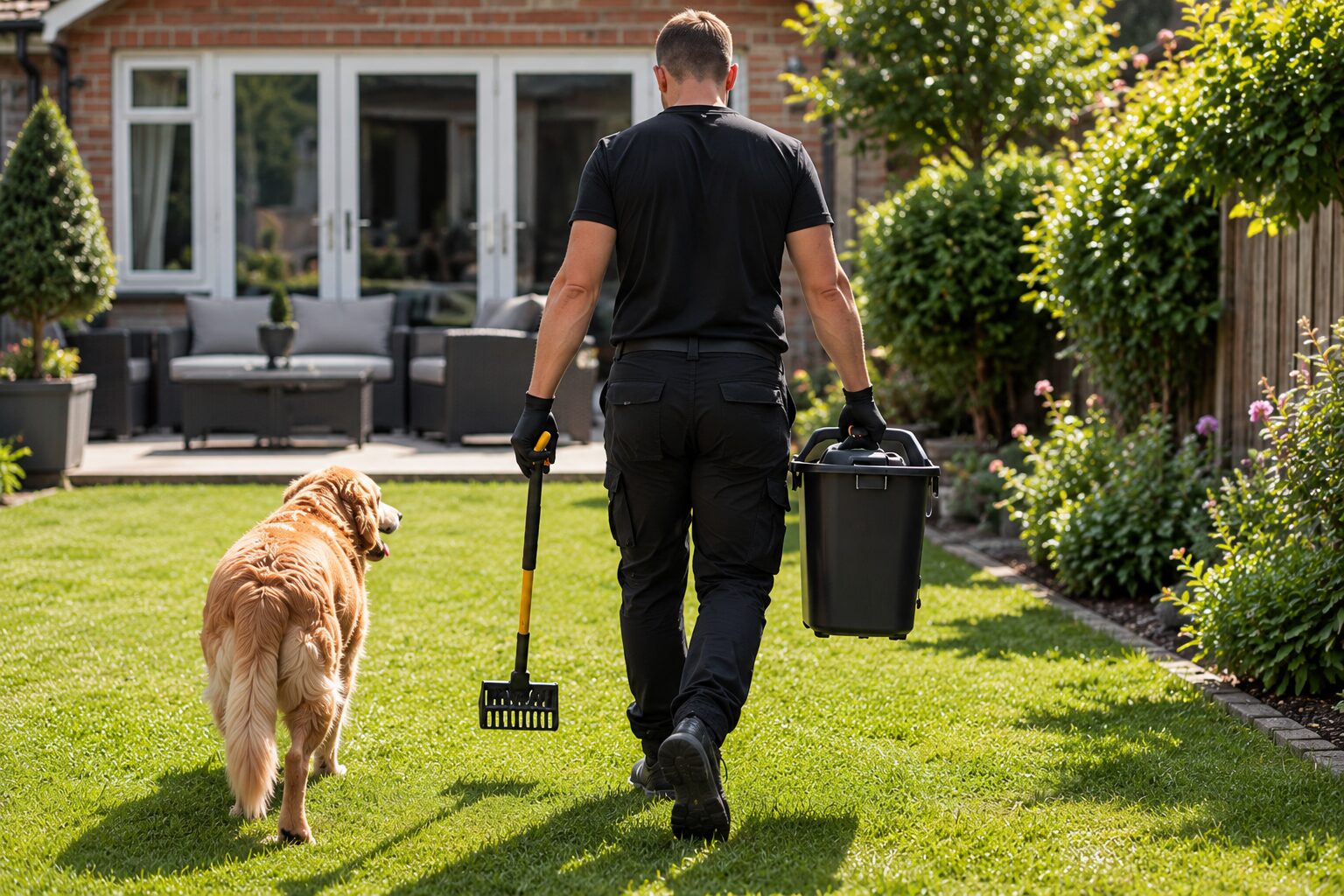 Scoop Dogg cleaner removing dog waste from a garden lawn with a happy golden retriever